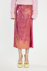 Pink-Gold Sequin Side-Split Midi-Skirt